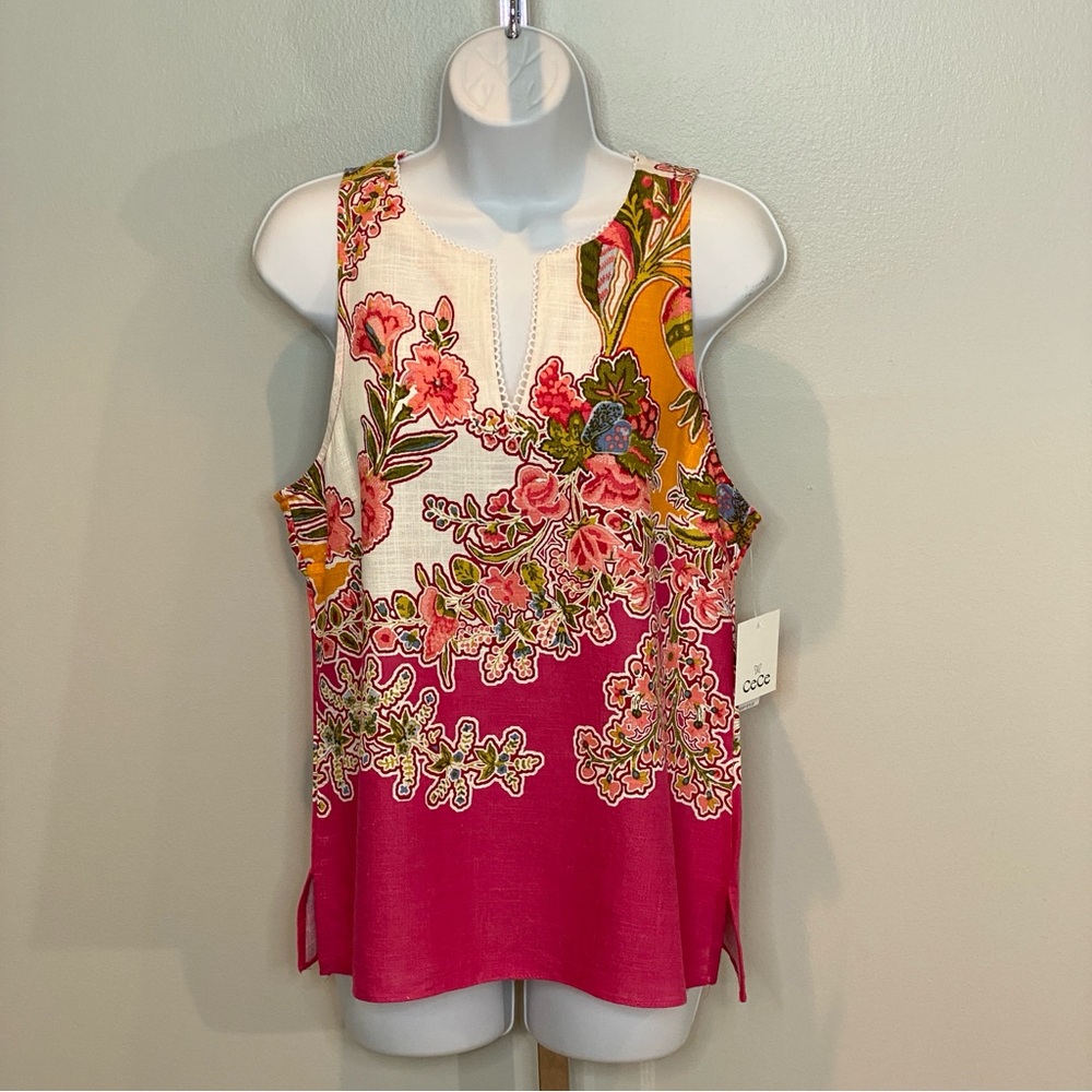 CeCe Floral Tank Sleeveless Top, Size Small